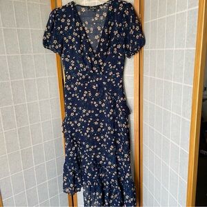Lulu's Petals and Poetry Navy Blue Floral Print Ruffled Midi Dress, XS